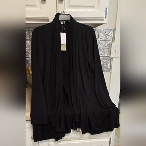JOAN VASS black waterfall open front knit  jacket duster cardigan coat XL